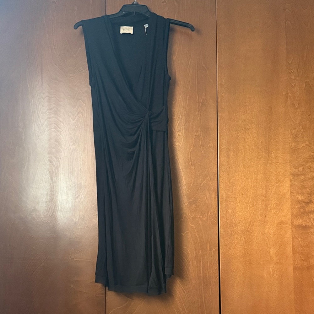 Elie Elie Tahari Black Faux Wrap Knotted Front Midi, Chiffon Trimmed Hem NWT M